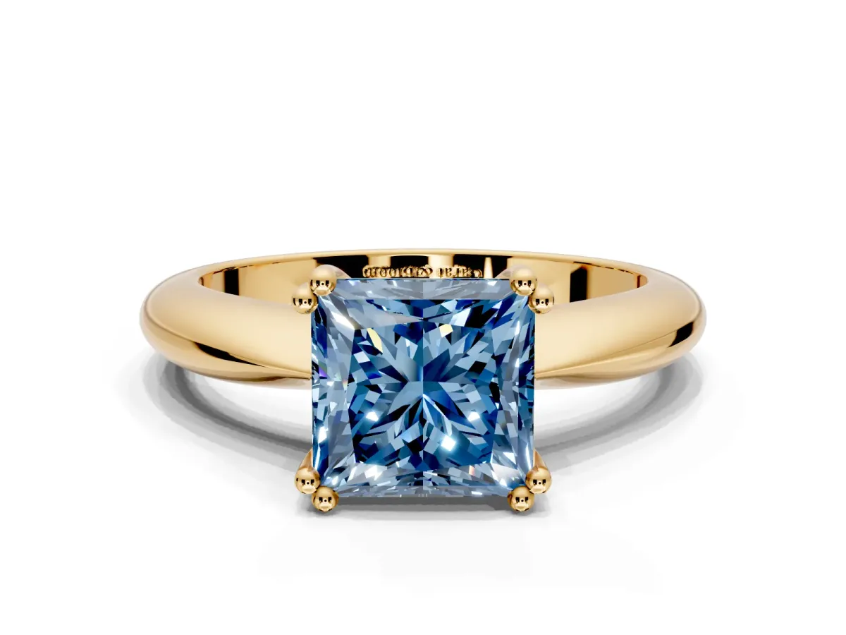 Solitaire Engagement Ring Setting for Fancy Blue Princess Cut Center with Reverse Tapered Band and Prong Head in Yellow Gold