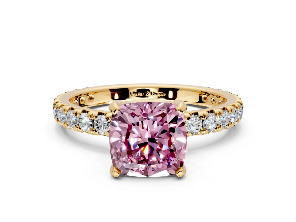 Solitaire Engagement Ring Setting for Fancy Pink Cushion Cut Center with Shared-Prong Accents and Prong Head in Yellow Gold