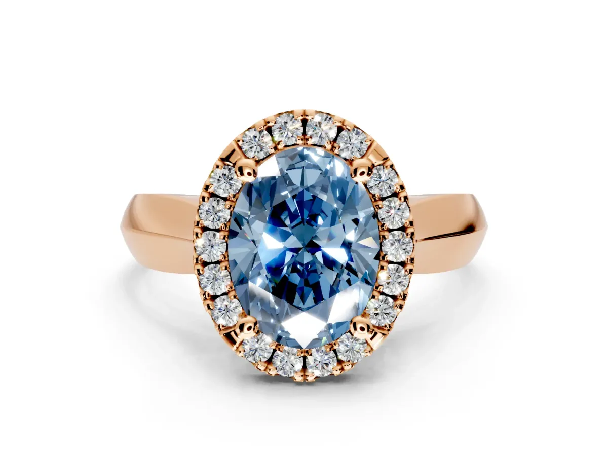 Halo Engagement Ring Setting for Fancy Blue Oval Center with Square Band and Prong Head in Rose Gold