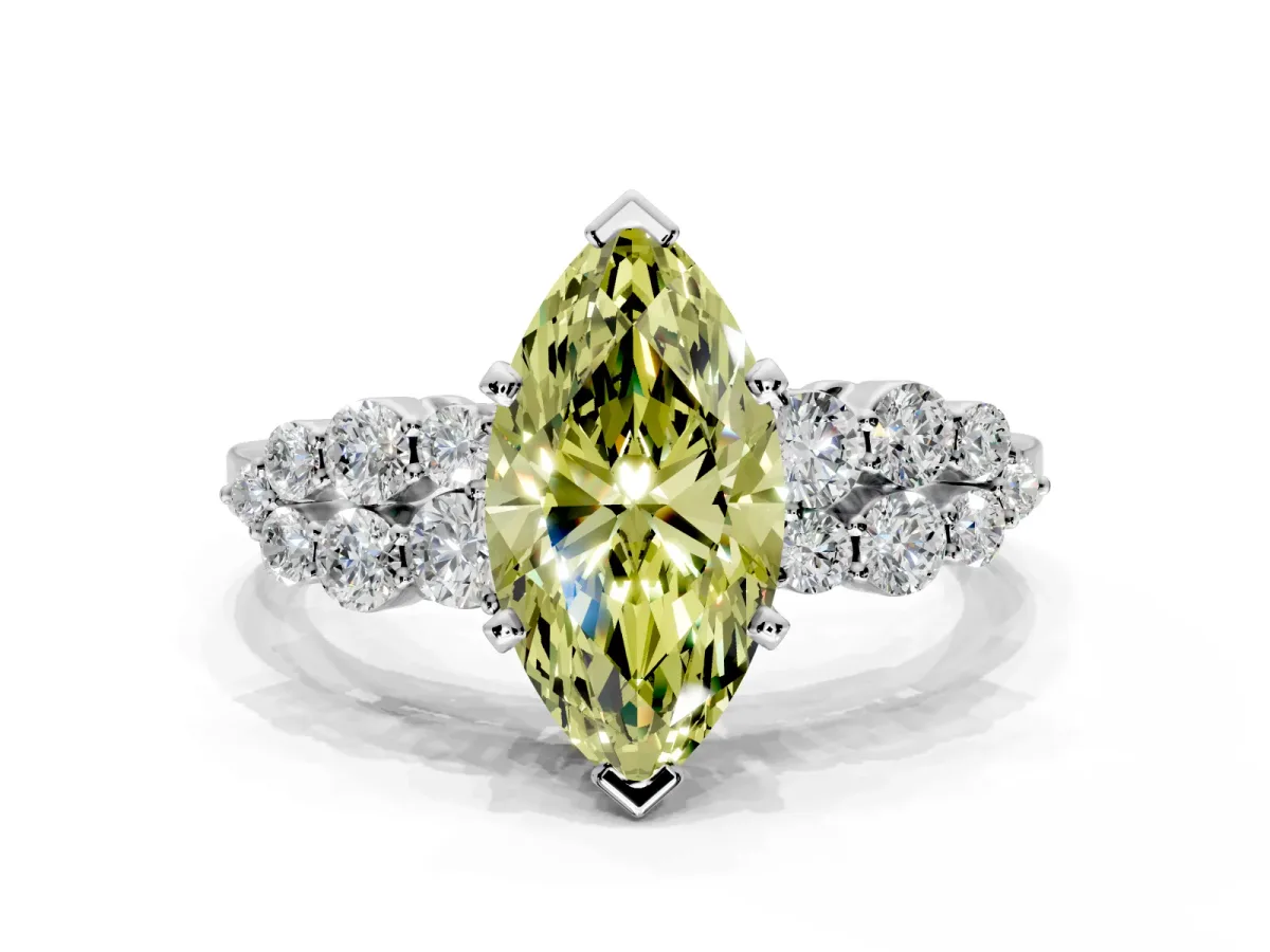 Cluster Engagement Ring Setting for Fancy Yellow Marquise Center with 2-Row Shoulder Clusters and Prong Head in Sterling Silver