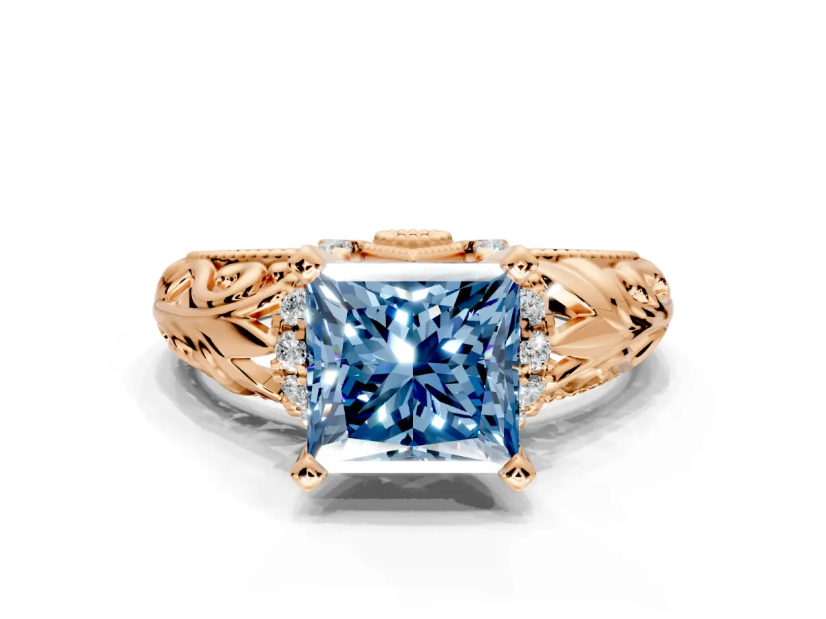 Solitaire Engagement Ring Setting for Fancy Blue Princess Cut Center with Filigree Accent Basket and Prong Head in Rose Gold