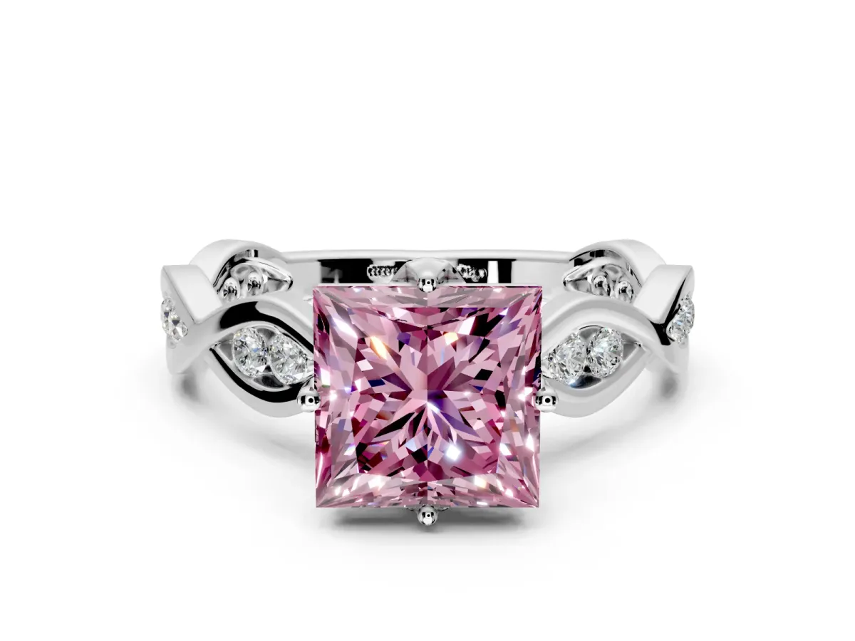 Solitaire Engagement Ring Setting for Fancy Pink Princess Cut Center with Accented Twist Band and Leaf Prong Head in Platinum