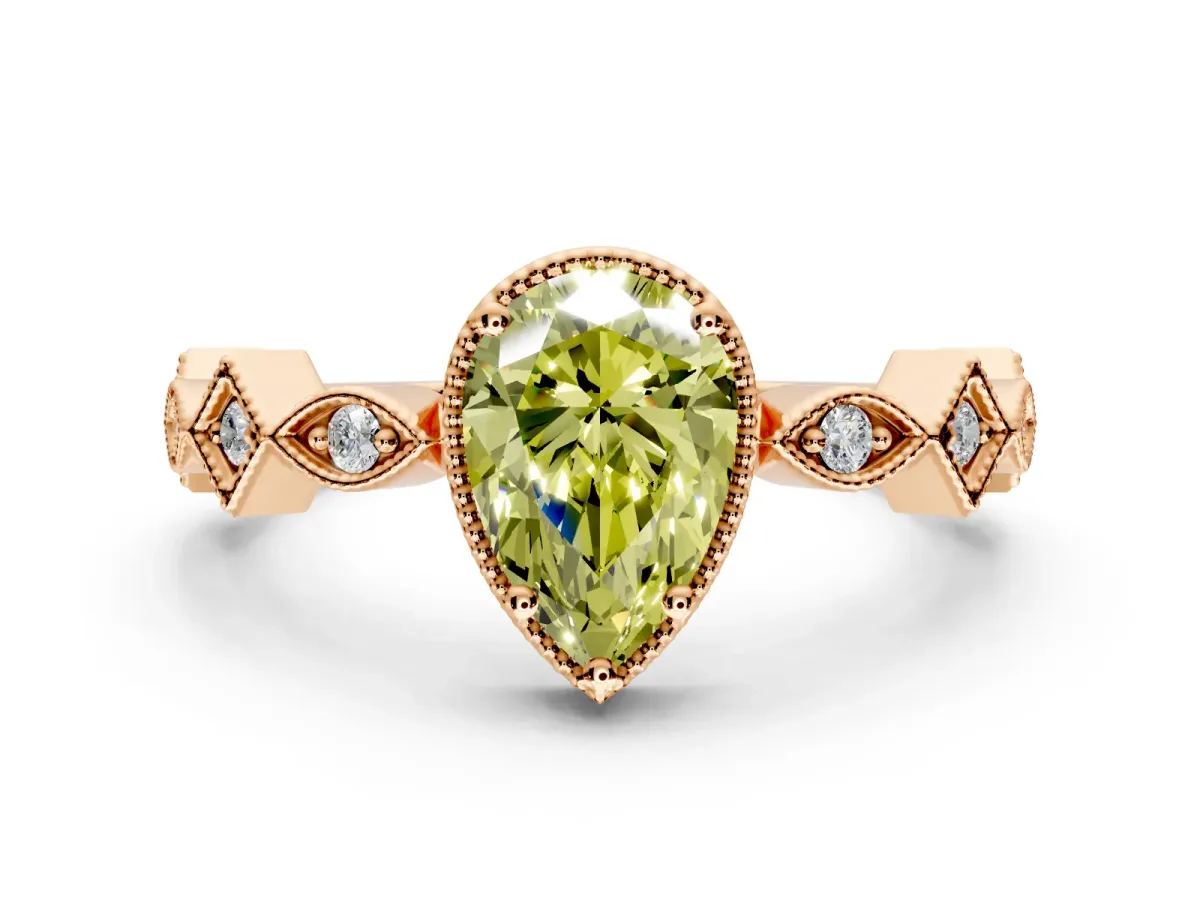 Milgrain Bezel Engagement Ring Setting for Fancy Yellow Pear-Shaped Center with Marquise Stations and Bezel Head in Rose Gold