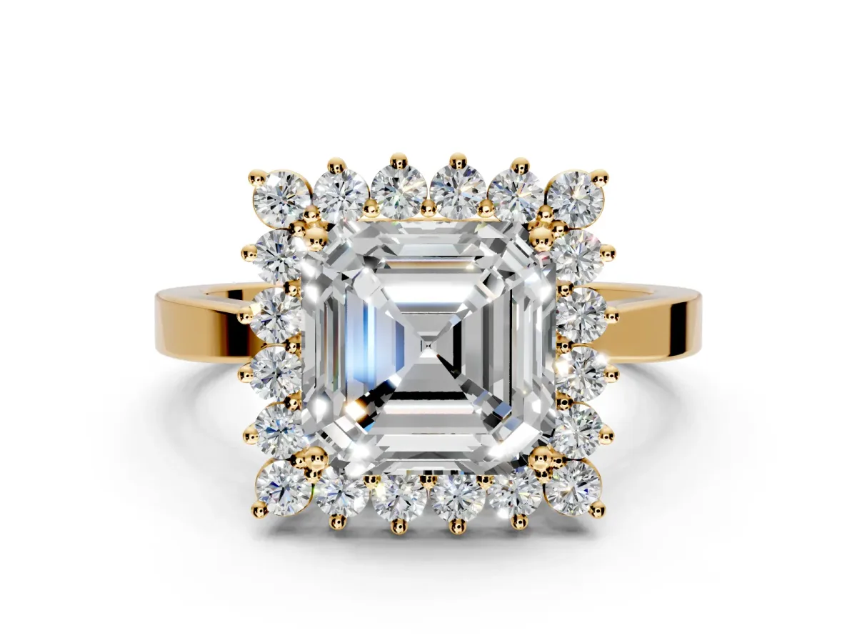 Starburst Halo Engagement Ring Setting for Asscher Cut Center with Flat Cathedral Band and Prong Head in Yellow Gold
