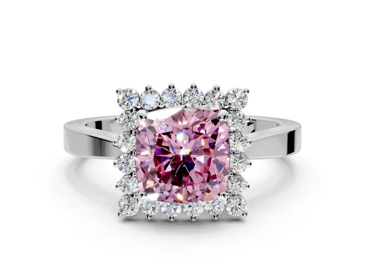 Starburst Halo Engagement Ring Setting for Fancy Pink Cushion Cut Center with Flat Cathedral Band and Prong Head in Sterling Silver
