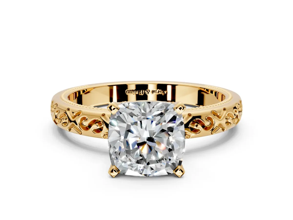 Solitaire Engagement Ring Setting for Cushion Cut Center with Scrollwork Band and Prong Head in Yellow Gold
