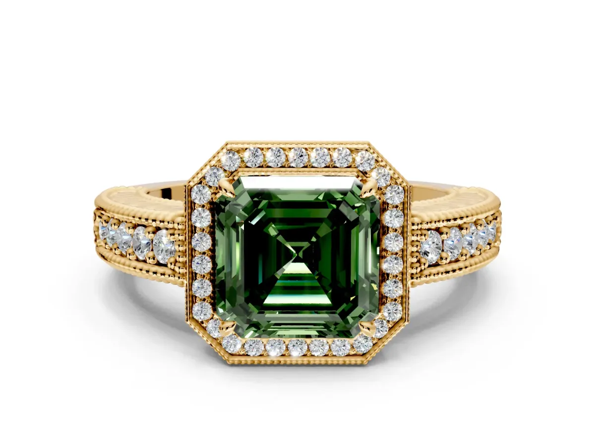 Milgrain Halo Engagement Ring Setting for Fancy Green Asscher Cut Center with Pave Band and Prong Head in Yellow Gold