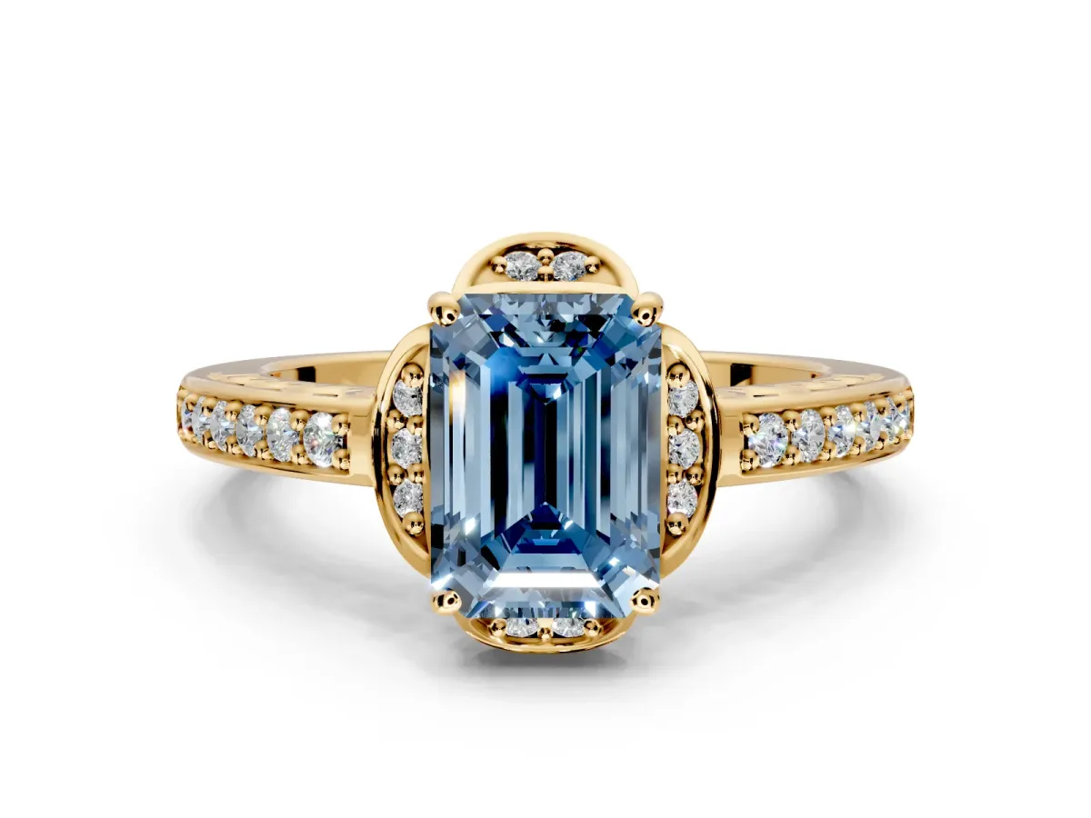 Floral Engagement Ring Setting for Fancy Blue Emerald Cut Center with Four Accent Clusters and Prong Head in Yellow Gold