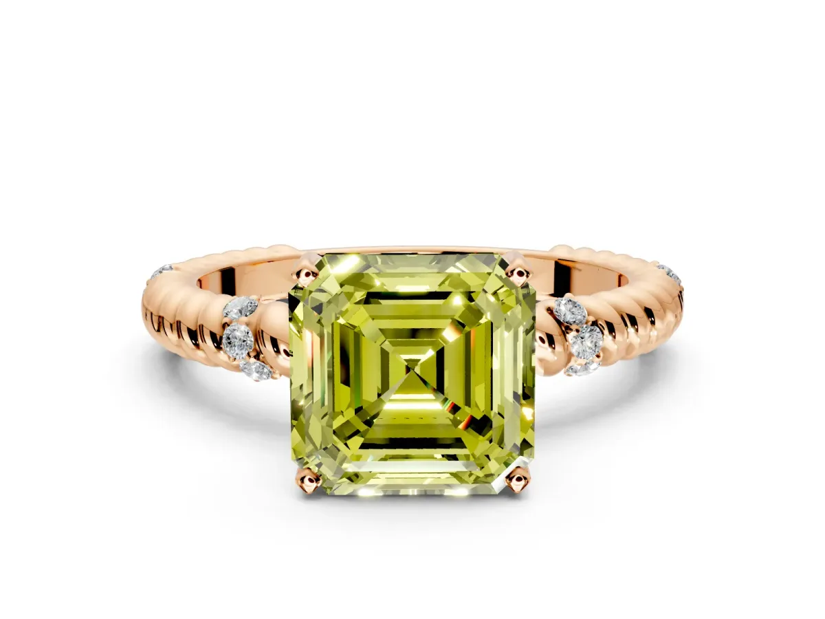 Rope Engagement Ring Setting for Fancy Yellow Asscher Cut Center with Accent Shoulders and Prong Head in Rose Gold