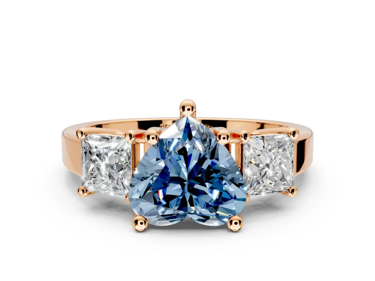 3 Stone Engagement Ring Setting for Fancy Blue Heart-Shaped Center with Matching Side Accents and Prong Head in Rose Gold