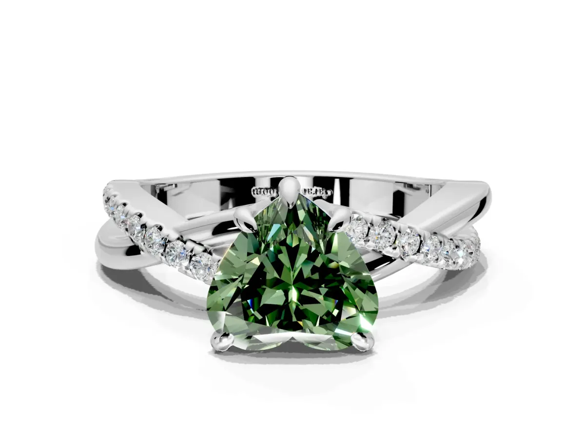 Solitaire Engagement Ring Setting for Fancy Green Heart-Shaped Center with Half-Pave Crossover Band and Prong Head in Sterling Silver