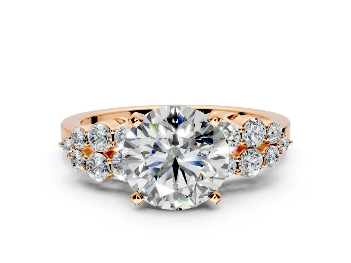 Cluster Engagement Ring Setting for Round Cut Center with 2-Row Shoulder Clusters and Prong Head in Rose Gold