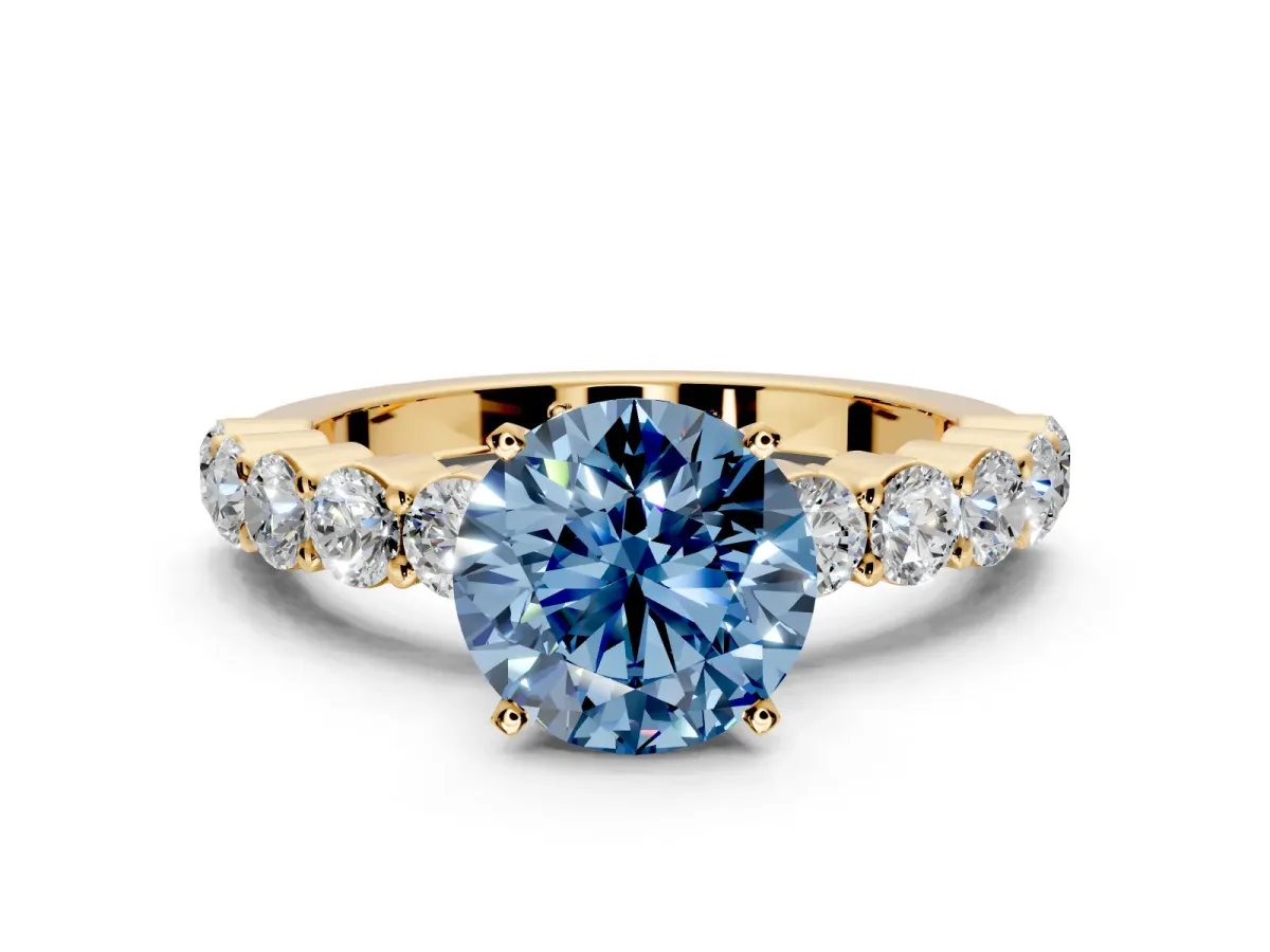 Shared-Prong Engagement Ring Setting for Fancy Blue Round Cut Center with Graduated Accents and Prong Head in Yellow Gold