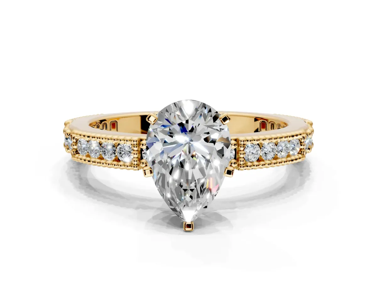 Solitaire Engagement Ring Setting for Pear-Shaped Center with Milgrain-Edged Pave Band and Prong Head in Yellow Gold