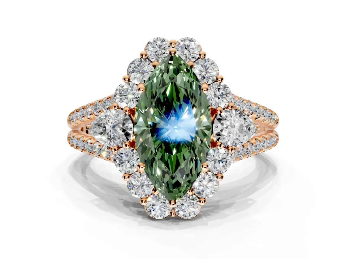 Halo Engagement Ring Setting for Fancy Green Marquise Center with Two-Strand Split Shank and Prong Head in Rose Gold