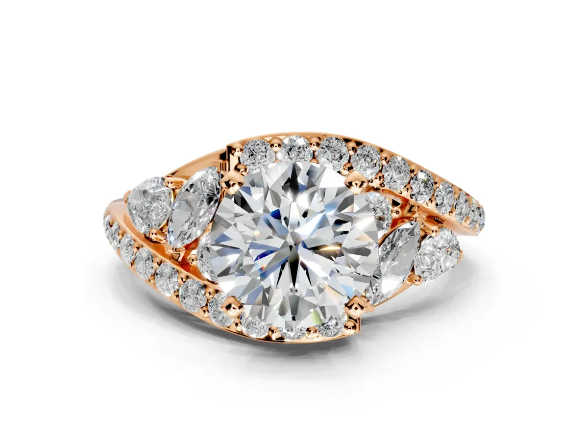 Halo Engagement Ring Setting for Round Cut Center with Marquise and Pave Bypass Band and Prong Head in Rose Gold