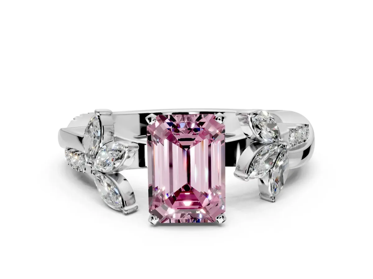 Floral Engagement Ring Setting for Fancy Pink Emerald Cut Center with Trailing Marquise Accents and Prong Head in Sterling Silver