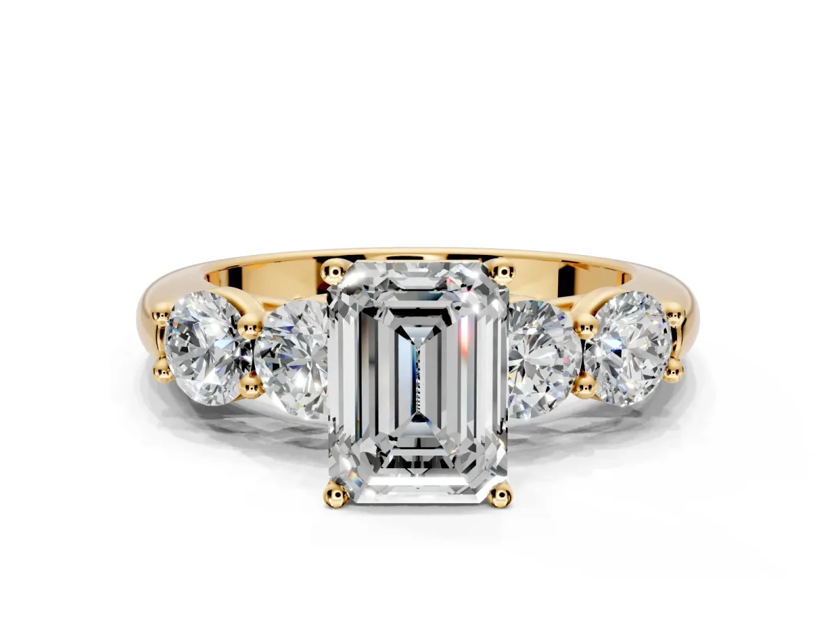 5 Stone Engagement Ring Setting for Emerald Cut Center with Graduated Accents and Prong Head in Yellow Gold