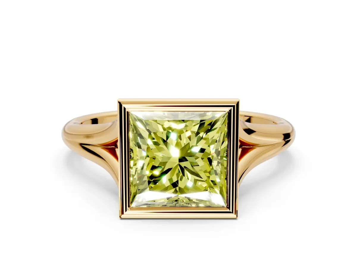 Solitaire Engagement Ring Setting for Fancy Yellow Princess Cut Center with V Split Shank and Bezel Head in Yellow Gold