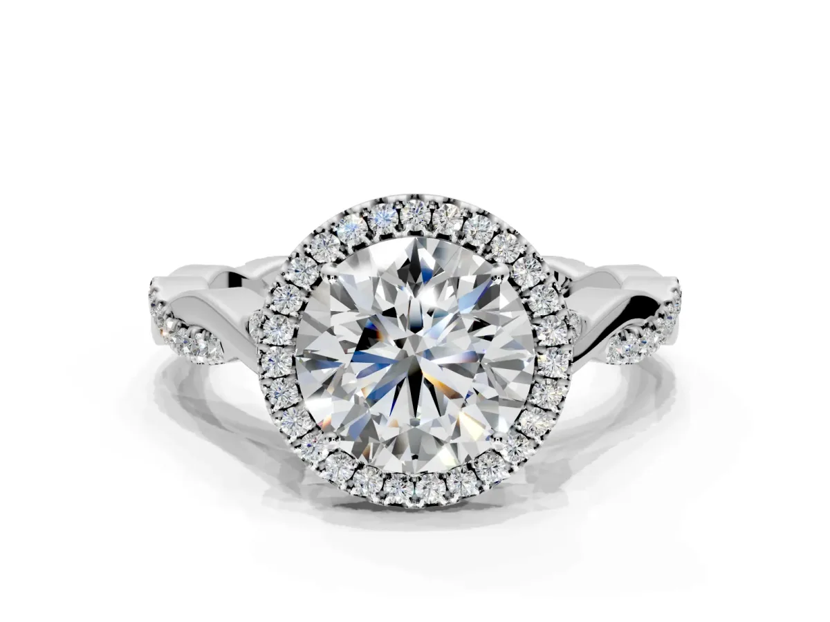 Halo Engagement Ring Setting for Round Cut Center with Twist Band and Prong Head in White Gold