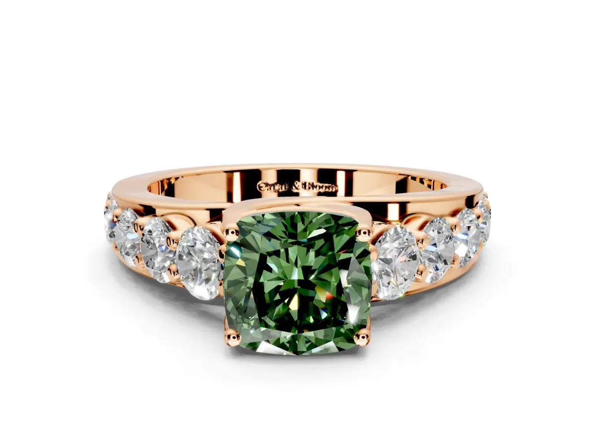 Solitaire Engagement Ring Setting for Fancy Green Cushion Cut Center with Graduated Shared Prongs and Prong Head in Rose Gold