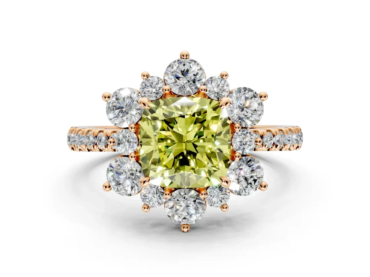 Floral Halo Engagement Ring Setting for Fancy Yellow Cushion Cut Center with Pave Accents and Prong Head in Rose Gold