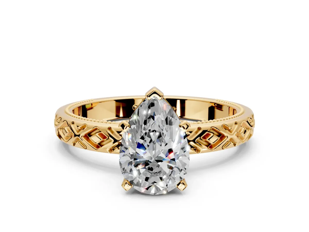 Solitaire Engagement Ring Setting for Pear-Shaped Center with Milgrain X Pattern Band and Prong Head in Yellow Gold