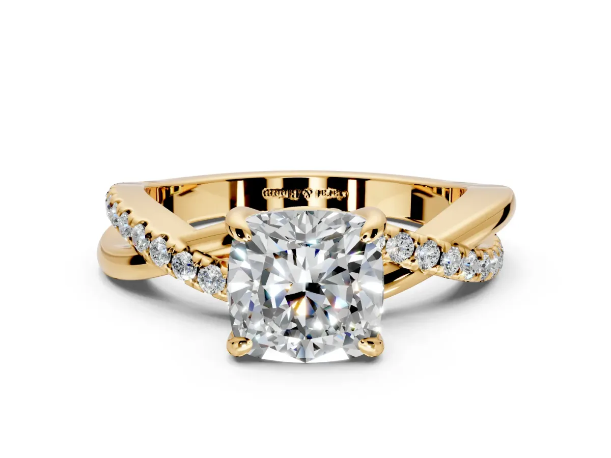 Solitaire Engagement Ring Setting for Cushion Cut Center with Half-Pave Crossover Band and Prong Head in Yellow Gold
