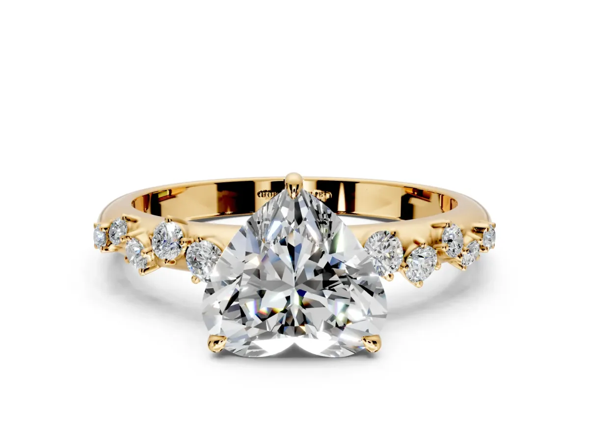 Cluster Engagement Ring Setting for Heart-Shaped Center with Round Cut Accent Band and Prong Head in Yellow Gold