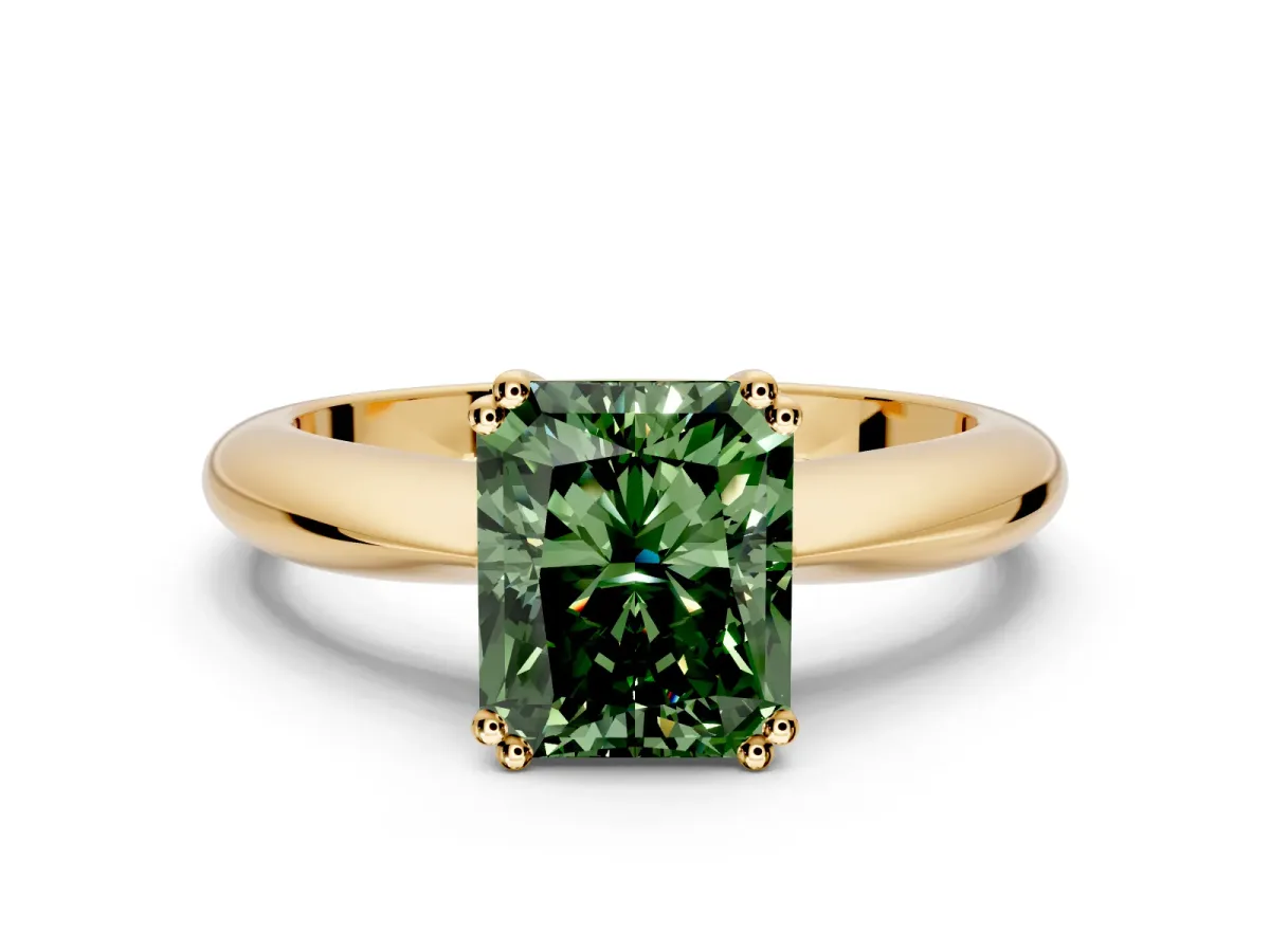 Solitaire Engagement Ring Setting for Fancy Green Radiant Cut Center with Reverse Tapered Band and Prong Head in Yellow Gold
