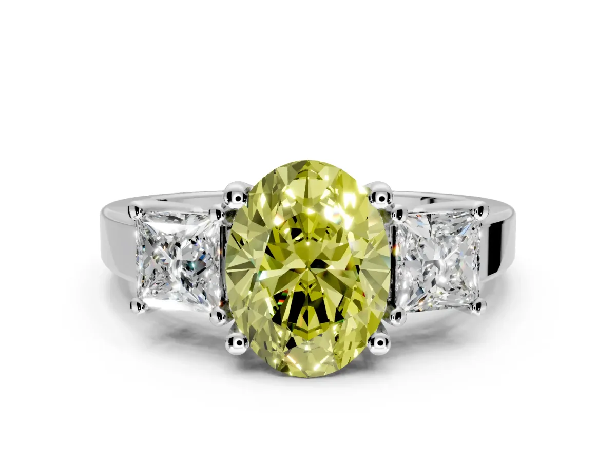3 Stone Engagement Ring Setting for Fancy Yellow Oval Center with Matching Side Accents and Prong Head in Platinum