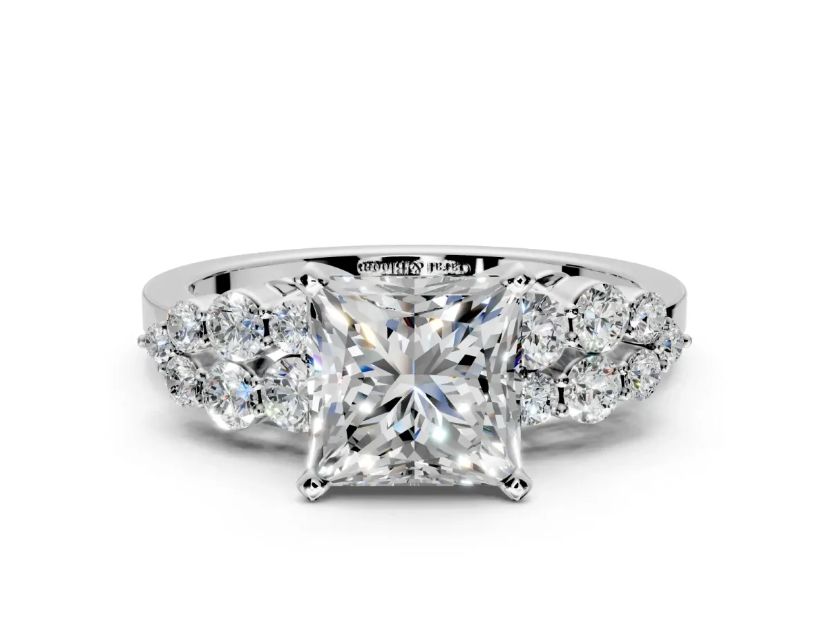 Cluster Engagement Ring Setting for Princess Cut Center with 2-Row Shoulder Clusters and Prong Head in White Gold