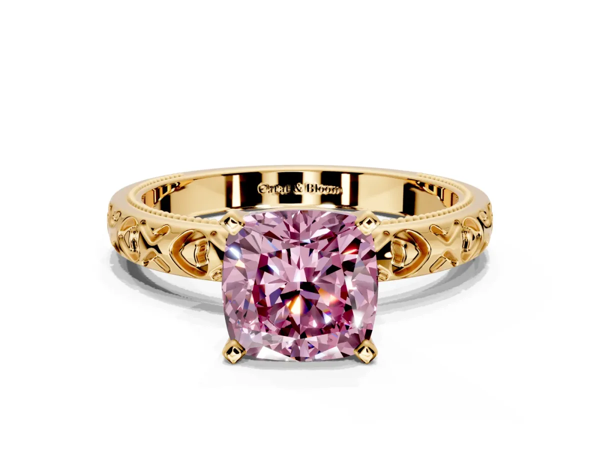Solitaire Engagement Ring Setting for Fancy Pink Cushion Cut Center with XO Engraved Band and Prong Head in Yellow Gold