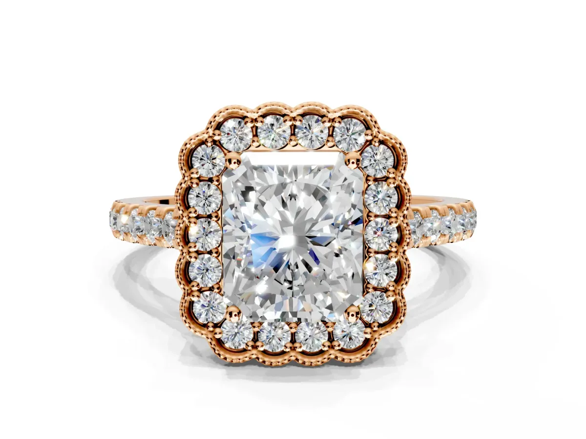 Milgrain Floral Halo Engagement Ring Setting for Radiant Cut Center with Pave Band and Prong Head in Rose Gold