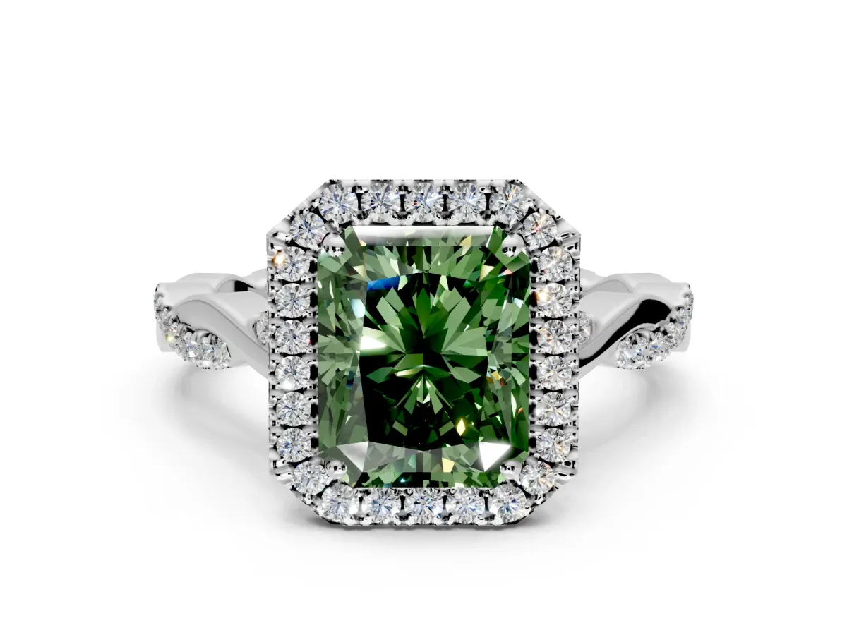 Halo Engagement Ring Setting for Fancy Green Radiant Cut Center with Twist Band and Prong Head in Sterling Silver