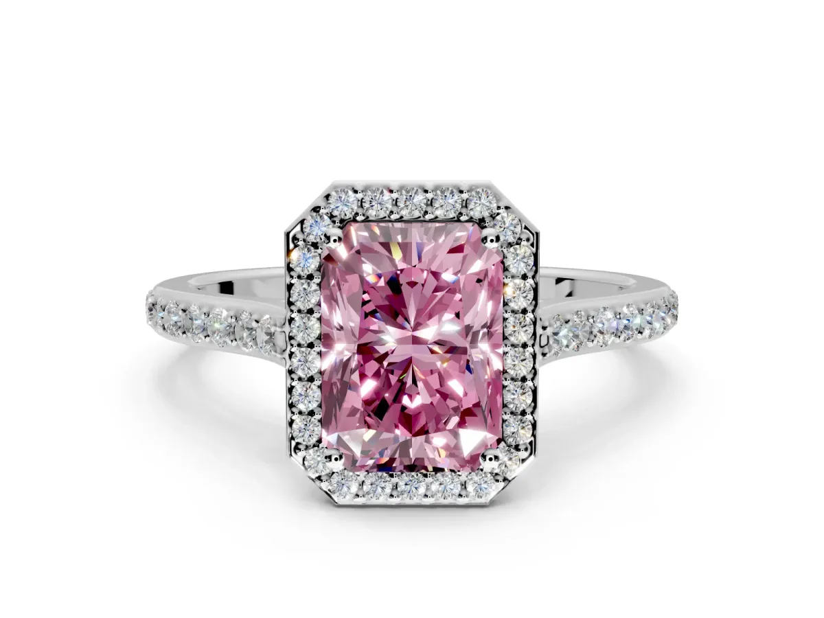 Halo Engagement Ring Setting for Fancy Pink Radiant Cut Center with Pave Accents, Heart Basket and Prong Head in White Gold