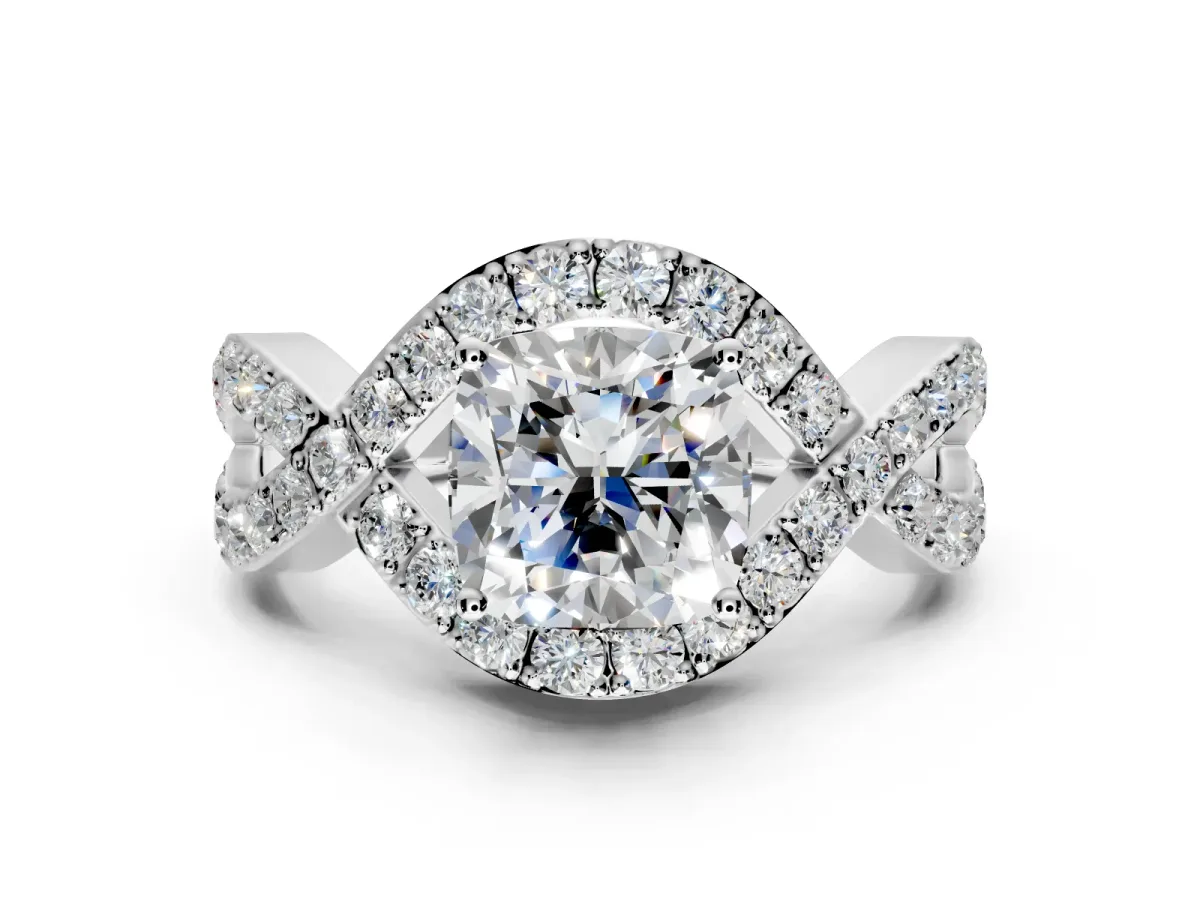 Halo Engagement Ring Setting for Cushion Cut Center with Pave Infinity Twist Band and Prong Head in Platinum
