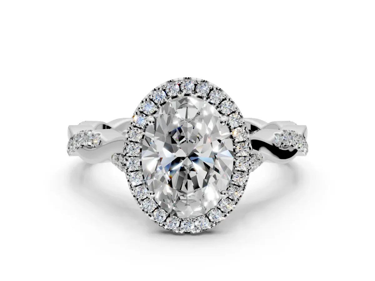 Halo Engagement Ring Setting for Oval Center with Twist Band and Prong Head in Sterling Silver