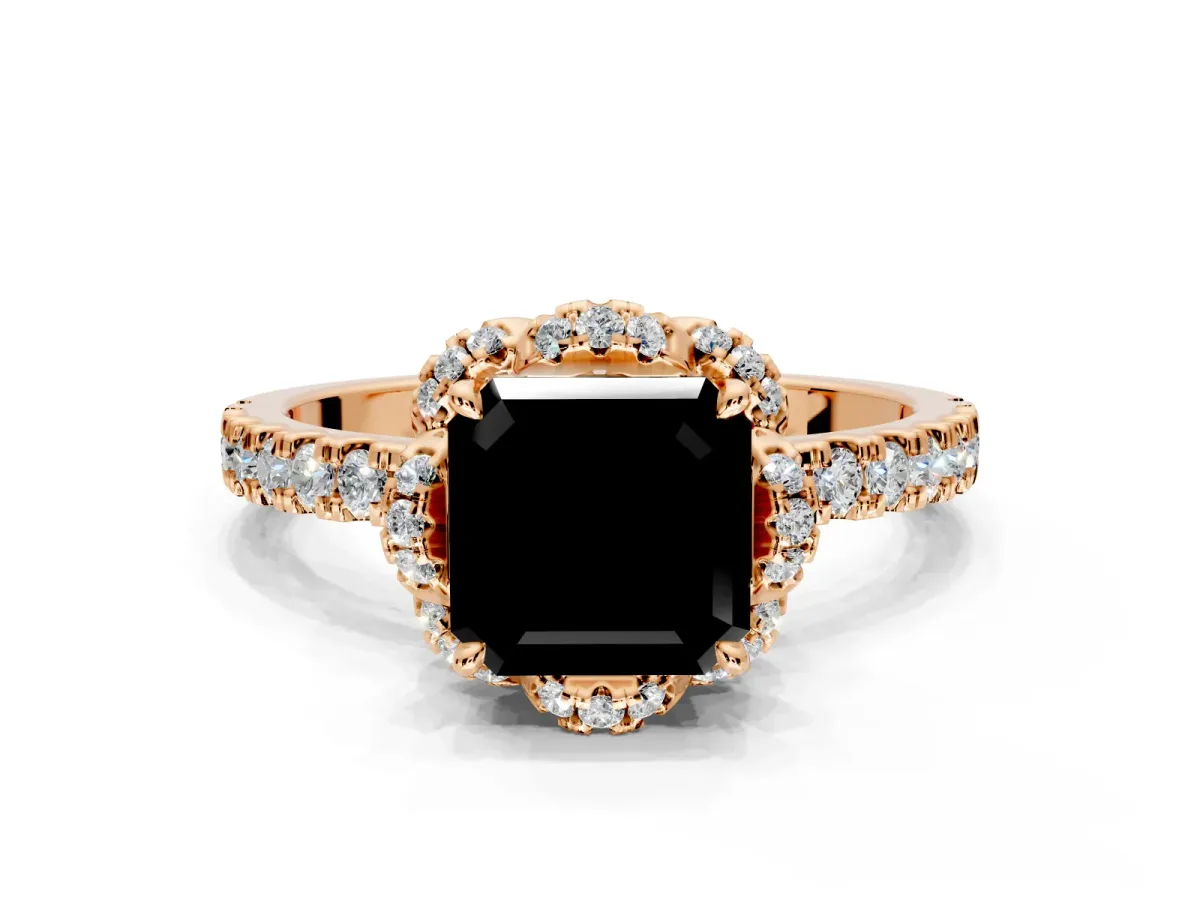 Floral Halo Engagement Ring Setting for Fancy Black Asscher Cut Center with Pave Band and Prong Head in Rose Gold