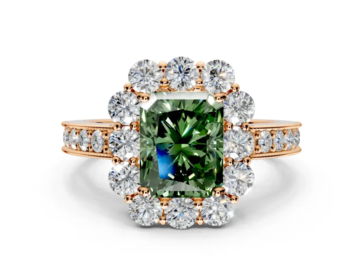Halo Engagement Ring Setting for Fancy Green Radiant Cut Center with Milgrain Channel Band and Prong Head in Rose Gold