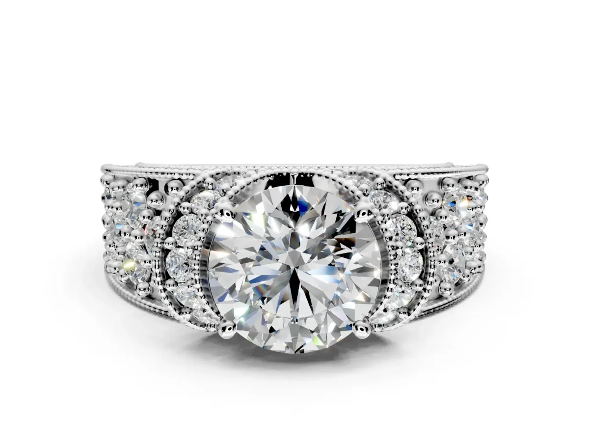 Pave Engagement Ring Setting for Round Cut Center with Curved Accent Rows, Openwork and Prong Head in Platinum