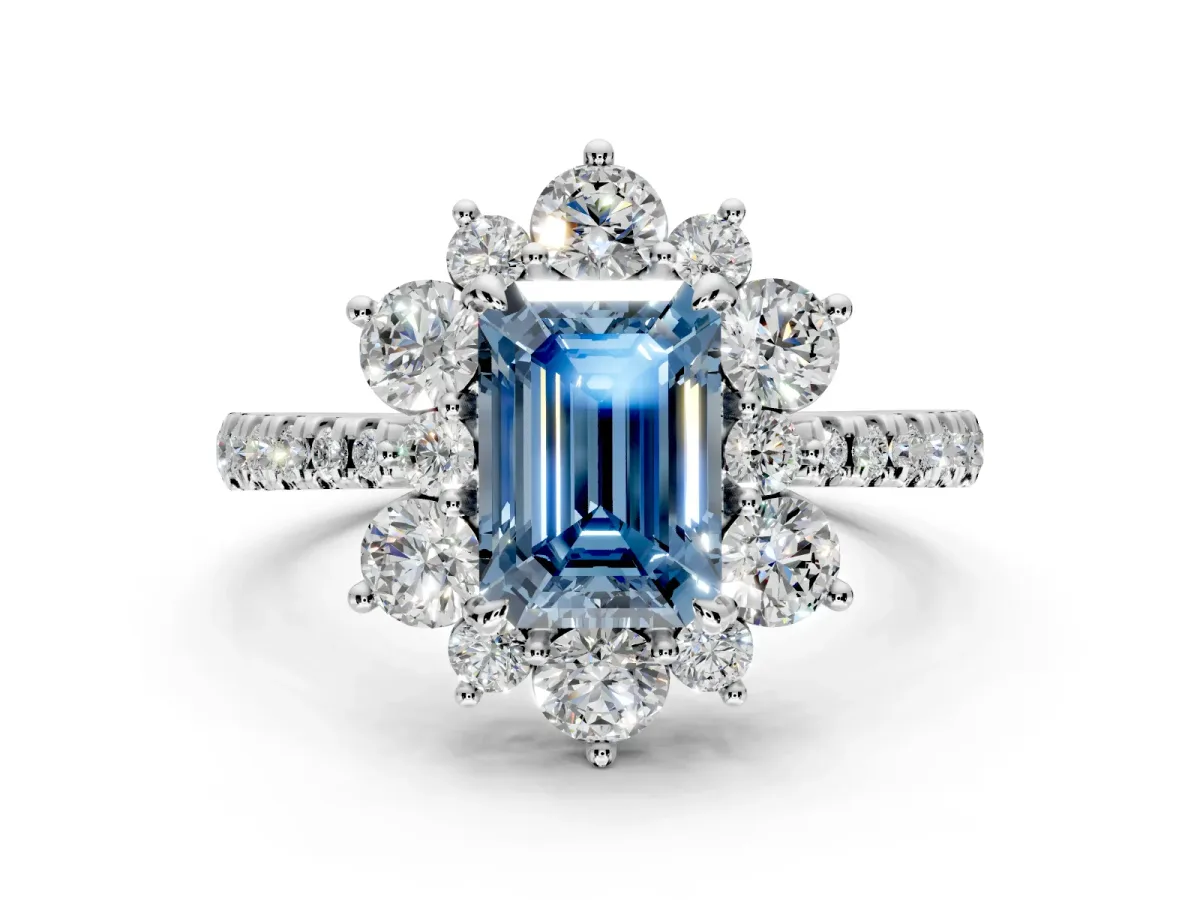 Floral Halo Engagement Ring Setting for Fancy Blue Emerald Cut Center with Pave Accents and Prong Head in Platinum