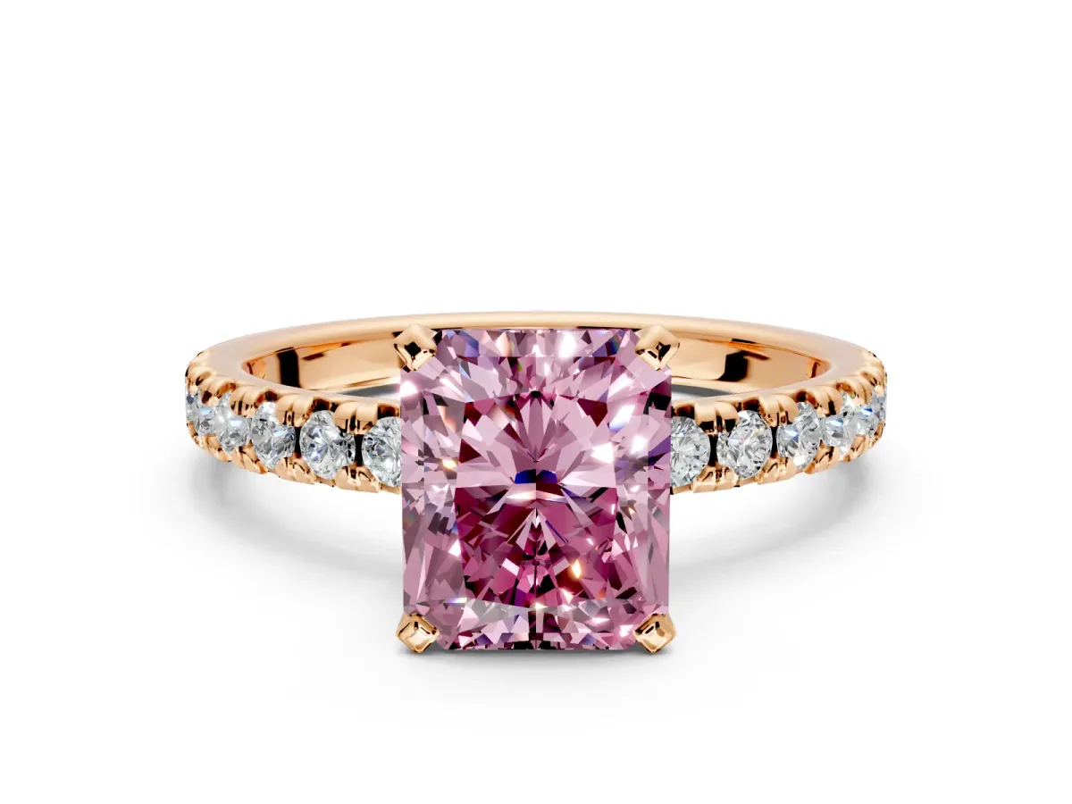 Solitaire Engagement Ring Setting for Fancy Pink Radiant Cut Center with Large Accents and Prong Head in Rose Gold