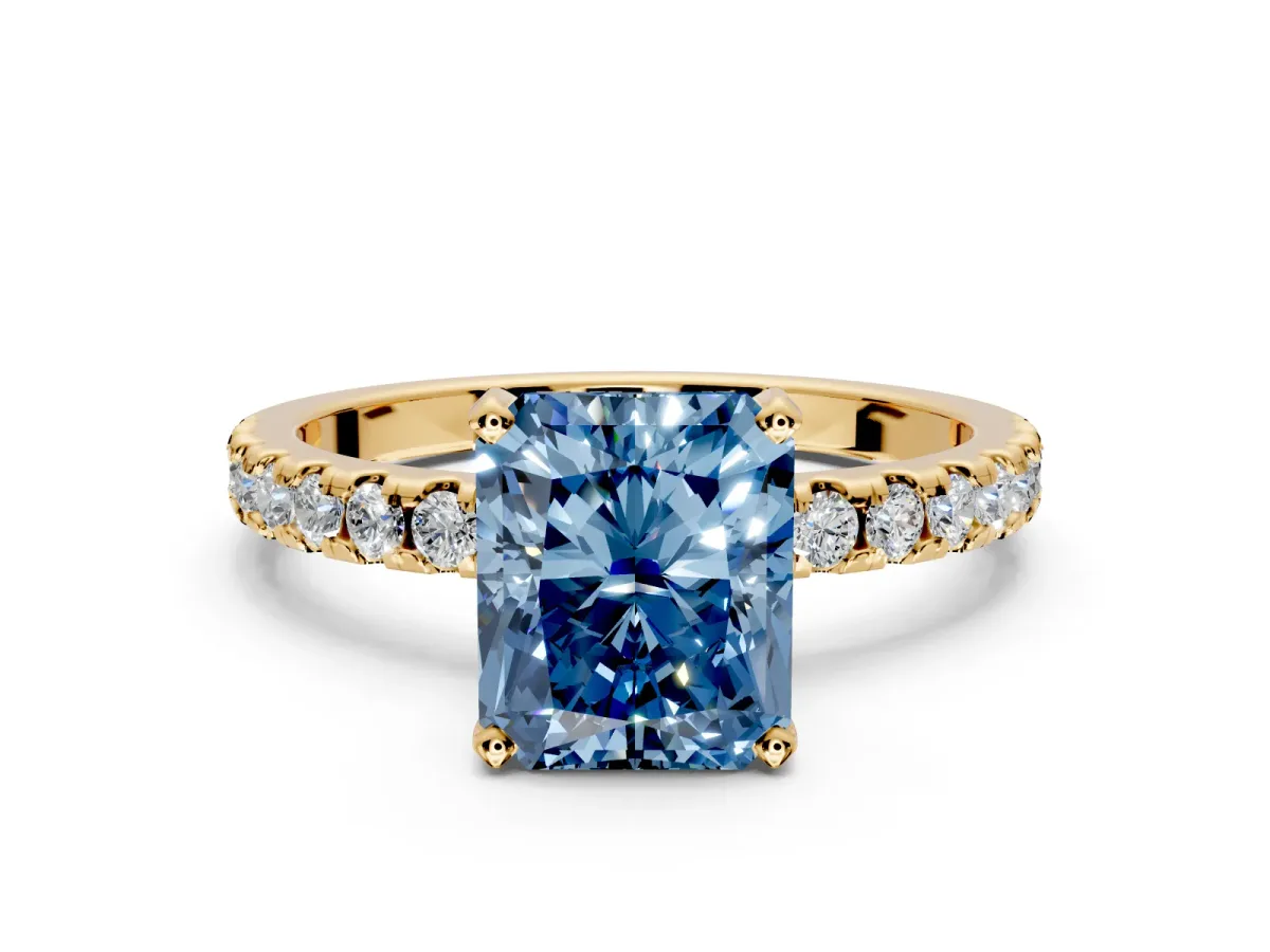 Solitaire Engagement Ring Setting for Fancy Blue Radiant Cut Center with Band of Accents and Prong Head in Yellow Gold