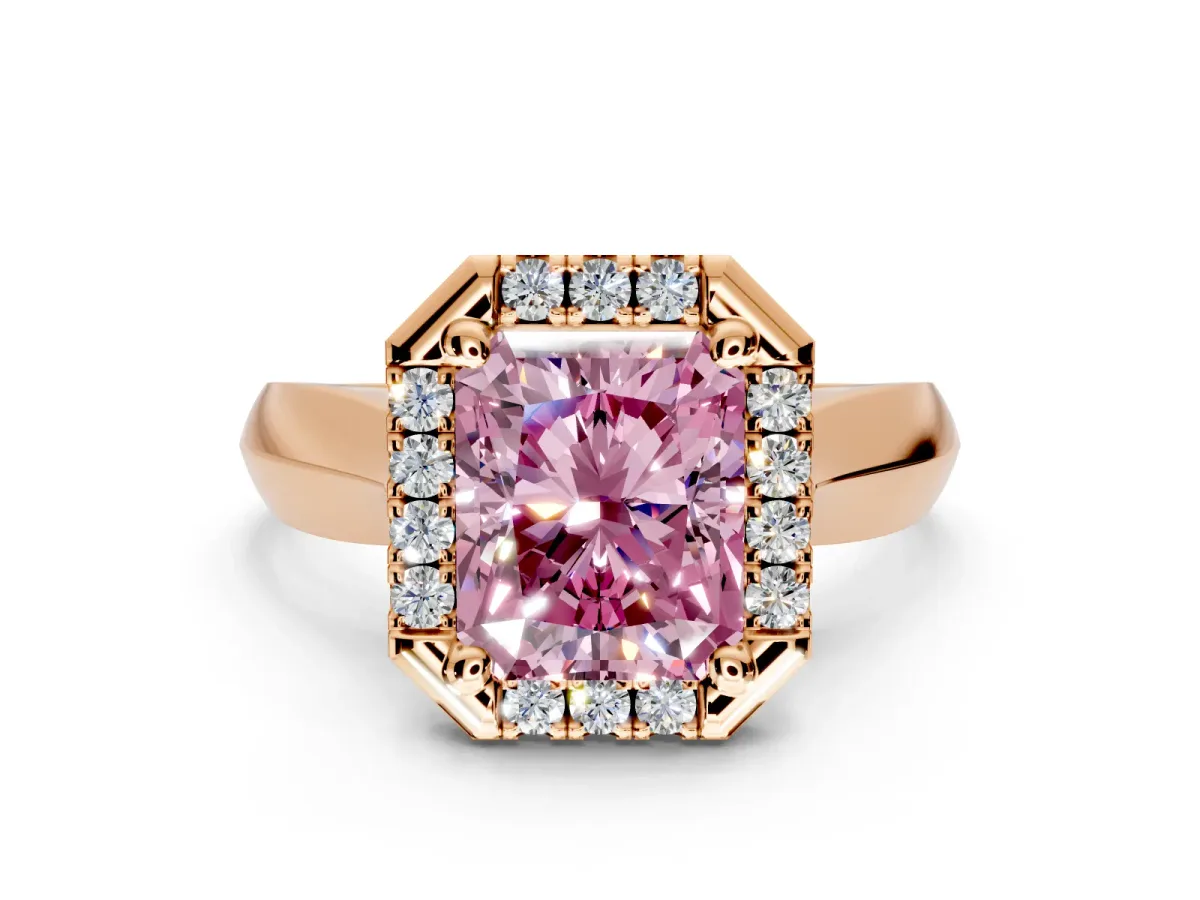 Halo Engagement Ring Setting for Fancy Pink Radiant Cut Center with Square Band and Prong Head in Rose Gold