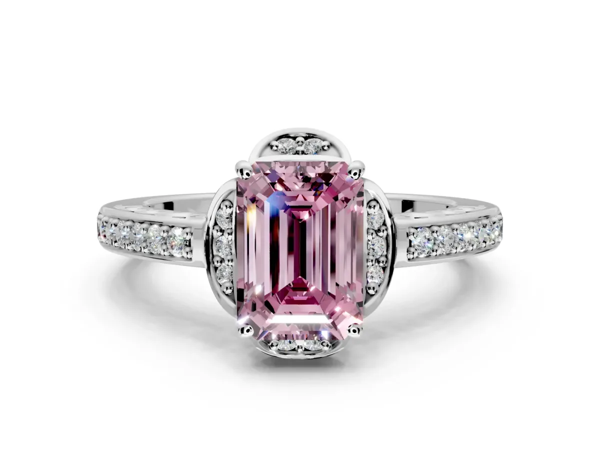 Floral Engagement Ring Setting for Fancy Pink Emerald Cut Center with Four Accent Clusters and Prong Head in Sterling Silver