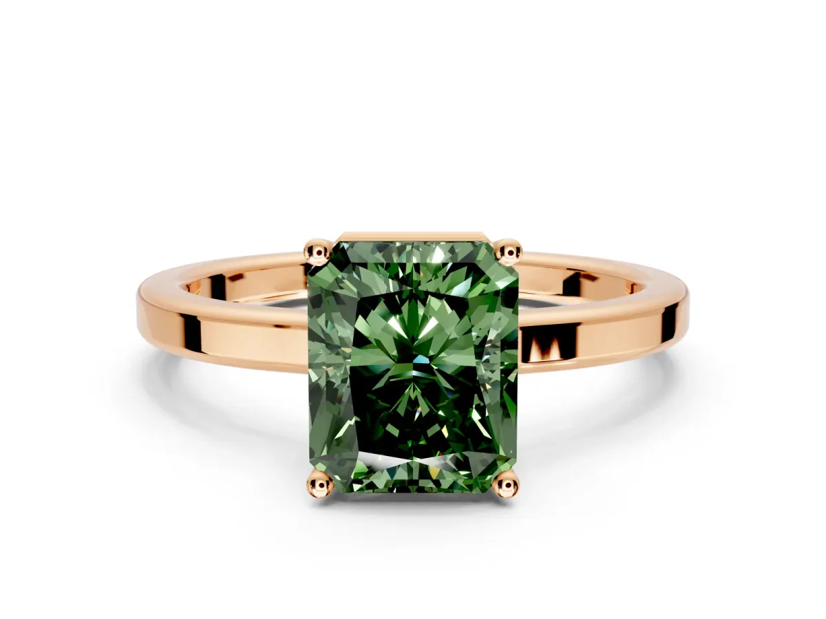 Hidden Halo Engagement Ring Setting for Fancy Green Radiant Cut Center with Wide Flat Plain Band and Prong Head in Rose Gold