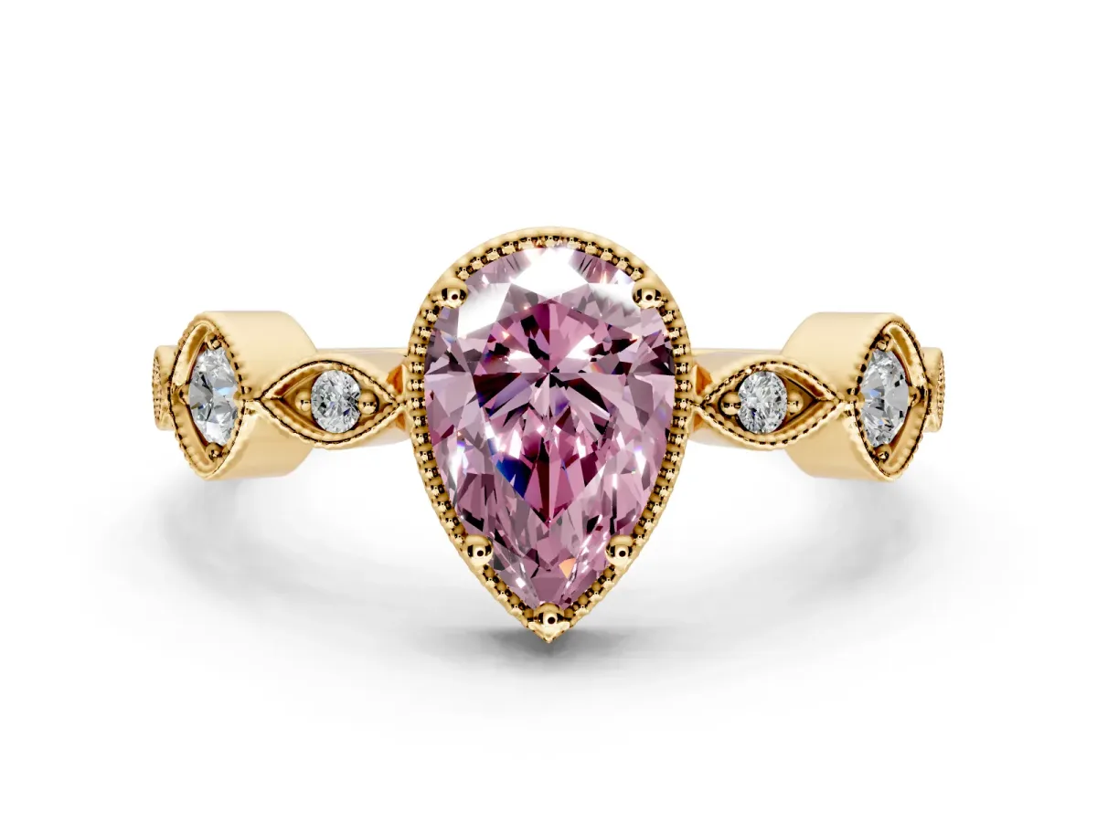 Vintage Station Engagement Ring Setting for Fancy Pink Pear-Shaped Center with Accents and Prong Head in Yellow Gold