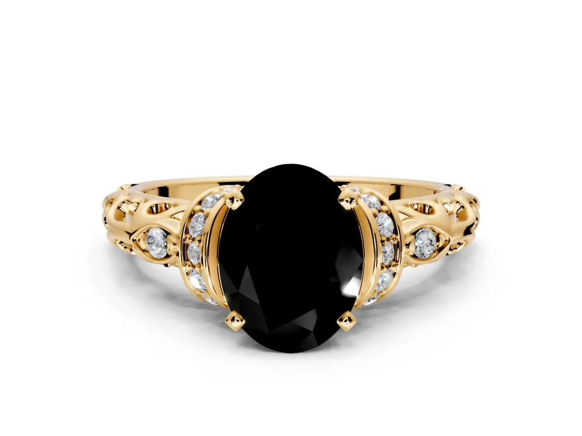 Solitaire Engagement Ring Setting for Fancy Black Oval Center with Filigree Band and Prong Head in Yellow Gold
