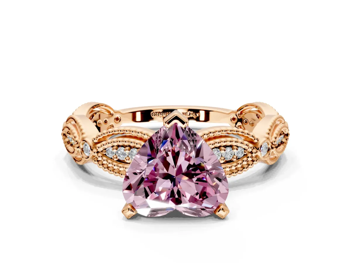 Solitaire Engagement Ring Setting for Fancy Pink Heart-Shaped Center with Marquise Panel Band and Prong Head in Rose Gold